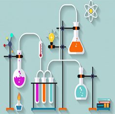 Illustration of science lab equipment such as flasks and test tubes